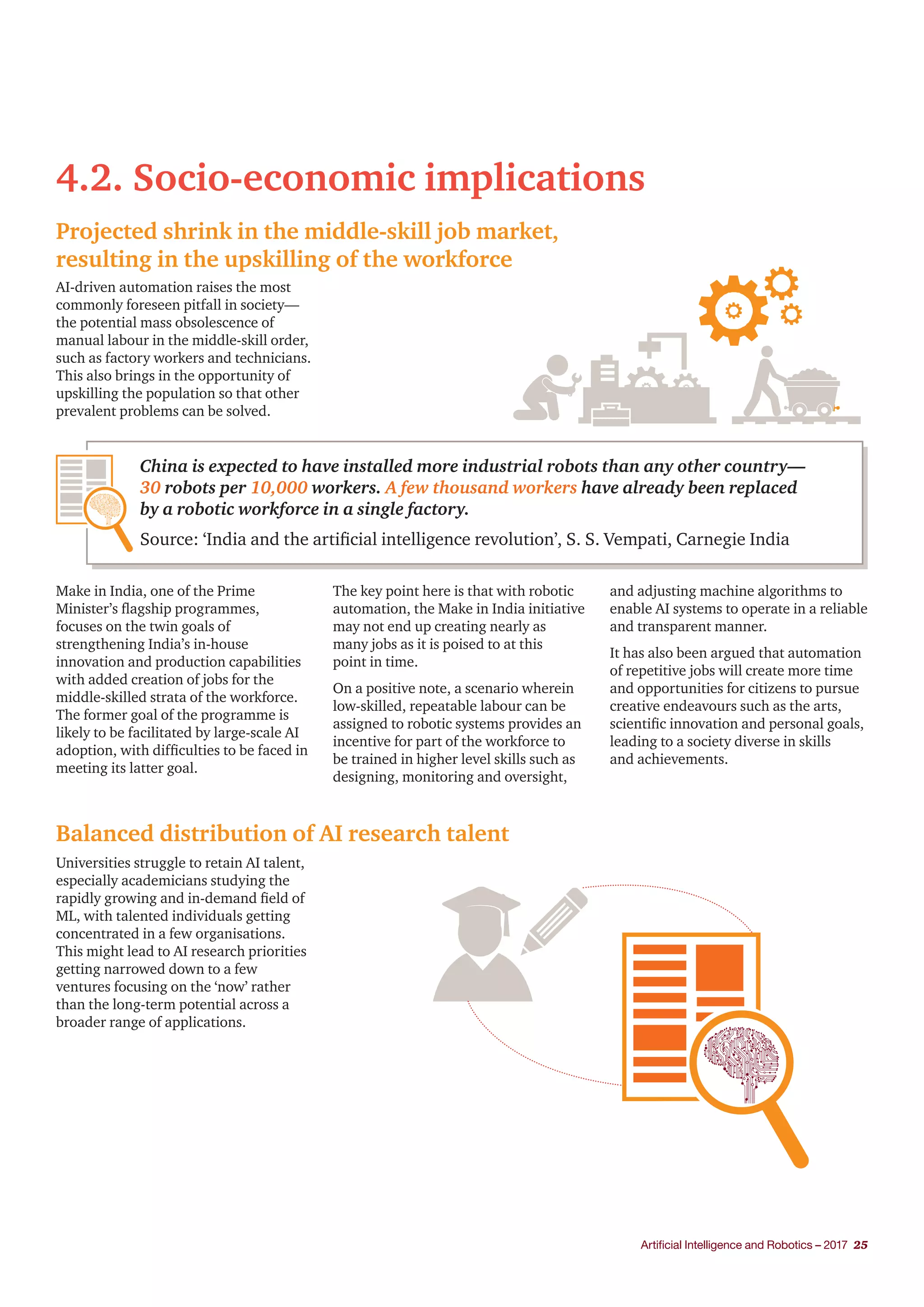 Artificial Intelligence and Robotics – 2017 25
Projected shrink in the middle-skill job market,
resulting in the upskilling of the workforce
4.2. Socio-economic implications
AI-driven automation raises the most
commonly foreseen pitfall in society—
the potential mass obsolescence of
manual labour in the middle-skill order,
such as factory workers and technicians.
This also brings in the opportunity of
upskilling the population so that other
prevalent problems can be solved.
Make in India, one of the Prime
Minister’s flagship programmes,
focuses on the twin goals of
strengthening India’s in-house
innovation and production capabilities
with added creation of jobs for the
middle-skilled strata of the workforce.
The former goal of the programme is
likely to be facilitated by large-scale AI
adoption, with difficulties to be faced in
meeting its latter goal.
The key point here is that with robotic
automation, the Make in India initiative
may not end up creating nearly as
many jobs as it is poised to at this
point in time.
On a positive note, a scenario wherein
low-skilled, repeatable labour can be
assigned to robotic systems provides an
incentive for part of the workforce to
be trained in higher level skills such as
designing, monitoring and oversight,
and adjusting machine algorithms to
enable AI systems to operate in a reliable
and transparent manner.
It has also been argued that automation
of repetitive jobs will create more time
and opportunities for citizens to pursue
creative endeavours such as the arts,
scientific innovation and personal goals,
leading to a society diverse in skills
and achievements.
China is expected to have installed more industrial robots than any other country—
30 robots per 10,000 workers. A few thousand workers have already been replaced
by a robotic workforce in a single factory.
Source: ‘India and the artificial intelligence revolution’, S. S. Vempati, Carnegie India
Balanced distribution of AI research talent
Universities struggle to retain AI talent,
especially academicians studying the
rapidly growing and in-demand field of
ML, with talented individuals getting
concentrated in a few organisations.
This might lead to AI research priorities
getting narrowed down to a few
ventures focusing on the ‘now’ rather
than the long-term potential across a
broader range of applications.
 