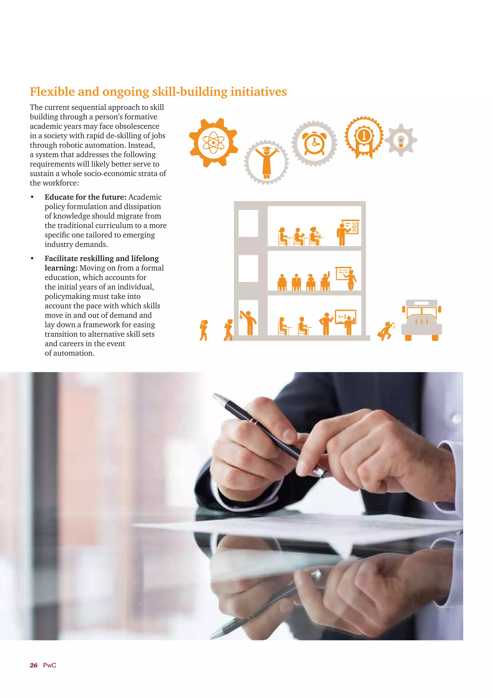 26	PwC
Flexible and ongoing skill-building initiatives
The current sequential approach to skill
building through a person’s formative
academic years may face obsolescence
in a society with rapid de-skilling of jobs
through robotic automation. Instead,
a system that addresses the following
requirements will likely better serve to
sustain a whole socio-economic strata of
the workforce:
•	 Educate for the future: Academic
policy formulation and dissipation
of knowledge should migrate from
the traditional curriculum to a more
specific one tailored to emerging
industry demands.
•	 Facilitate reskilling and lifelong
learning: Moving on from a formal
education, which accounts for
the initial years of an individual,
policymaking must take into
account the pace with which skills
move in and out of demand and
lay down a framework for easing
transition to alternative skill sets
and careers in the event
of automation.
 