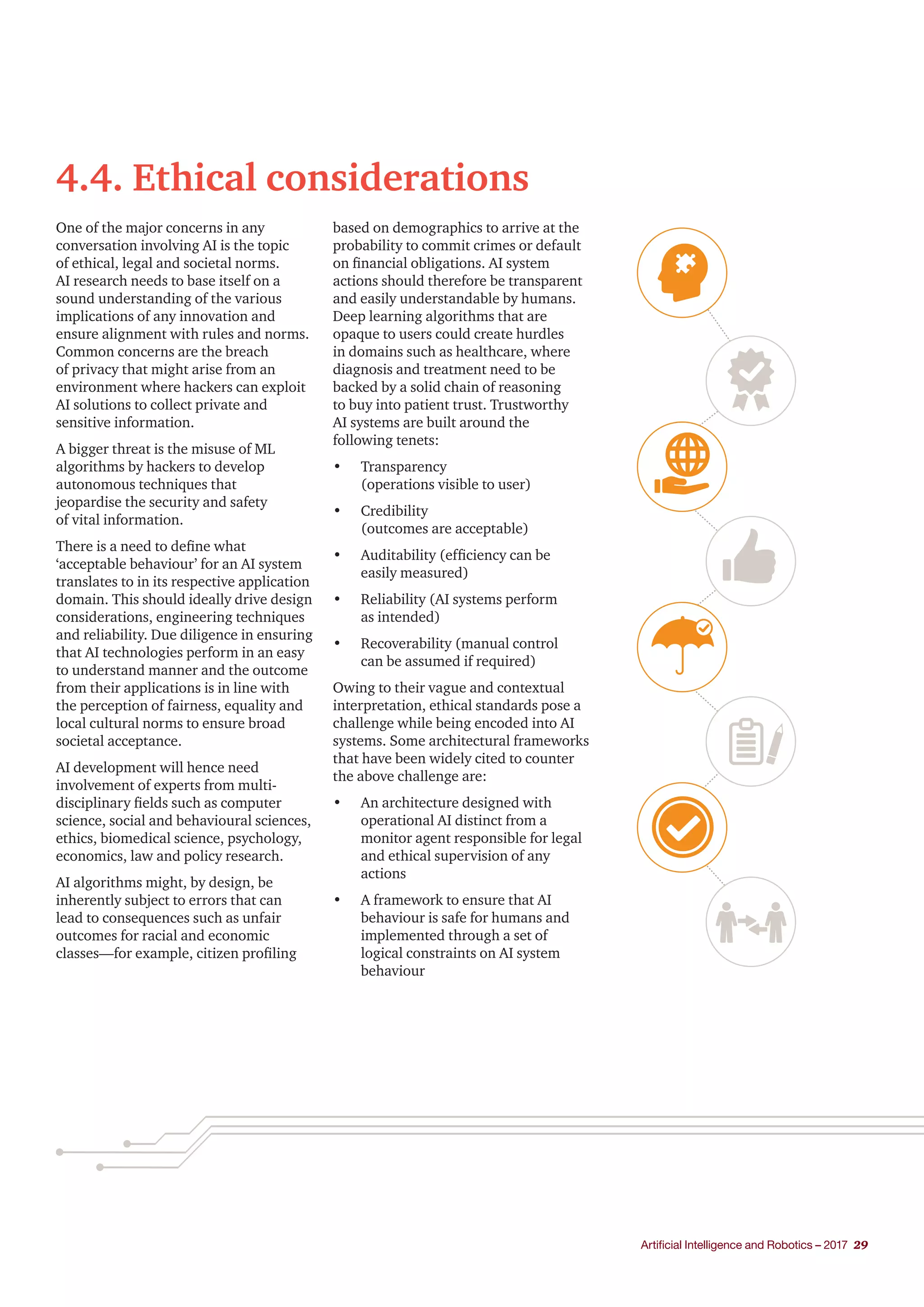 Artificial Intelligence and Robotics – 2017 29
4.4. Ethical considerations
One of the major concerns in any
conversation involving AI is the topic
of ethical, legal and societal norms.
AI research needs to base itself on a
sound understanding of the various
implications of any innovation and
ensure alignment with rules and norms.
Common concerns are the breach
of privacy that might arise from an
environment where hackers can exploit
AI solutions to collect private and
sensitive information.
A bigger threat is the misuse of ML
algorithms by hackers to develop
autonomous techniques that
jeopardise the security and safety
of vital information.
There is a need to define what
‘acceptable behaviour’ for an AI system
translates to in its respective application
domain. This should ideally drive design
considerations, engineering techniques
and reliability. Due diligence in ensuring
that AI technologies perform in an easy
to understand manner and the outcome
from their applications is in line with
the perception of fairness, equality and
local cultural norms to ensure broad
societal acceptance.
AI development will hence need
involvement of experts from multi-
disciplinary fields such as computer
science, social and behavioural sciences,
ethics, biomedical science, psychology,
economics, law and policy research.
AI algorithms might, by design, be
inherently subject to errors that can
lead to consequences such as unfair
outcomes for racial and economic
classes—for example, citizen profiling
based on demographics to arrive at the
probability to commit crimes or default
on financial obligations. AI system
actions should therefore be transparent
and easily understandable by humans.
Deep learning algorithms that are
opaque to users could create hurdles
in domains such as healthcare, where
diagnosis and treatment need to be
backed by a solid chain of reasoning
to buy into patient trust. Trustworthy
AI systems are built around the
following tenets:
•	 Transparency
(operations visible to user)
•	 Credibility
(outcomes are acceptable)
•	 Auditability (efficiency can be
easily measured)
•	 Reliability (AI systems perform
as intended)
•	 Recoverability (manual control
can be assumed if required)
Owing to their vague and contextual
interpretation, ethical standards pose a
challenge while being encoded into AI
systems. Some architectural frameworks
that have been widely cited to counter
the above challenge are:
•	 An architecture designed with
operational AI distinct from a
monitor agent responsible for legal
and ethical supervision of any
actions
•	 A framework to ensure that AI
behaviour is safe for humans and
implemented through a set of
logical constraints on AI system
behaviour
 