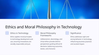 Ethics and Moral Philosophy in Technology
Ethics in Technology
Ethics applies moral principles
to technology development and
use, ensuring innovations are
socially responsible and just.
Moral Philosophy
Frameworks
Utilitarianism, deontology, and
virtue ethics provide distinct
perspectives guiding ethical AI
decisions, balancing outcomes,
duties, and character.
Significance
Ethics addresses right and
wrong behavior in technology,
influencing business practices
and societal impact.
 