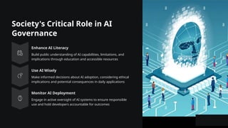 Society's Critical Role in AI
Governance
Enhance AI Literacy
Build public understanding of AI capabilities, limitations, and
implications through education and accessible resources
Use AI Wisely
Make informed decisions about AI adoption, considering ethical
implications and potential consequences in daily applications
Monitor AI Deployment
Engage in active oversight of AI systems to ensure responsible
use and hold developers accountable for outcomes
 