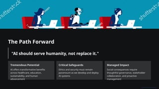 The Path Forward
"AI should serve humanity, not replace it."
Tremendous Potential
AI offers transformative benefits
across healthcare, education,
sustainability, and human
advancement
Critical Safeguards
Ethics and security must remain
paramount as we develop and deploy
AI systems
Managed Impact
Social consequences require
thoughtful governance, stakeholder
collaboration, and proactive
management
 