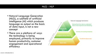 NLG - NLP
• Natural Language Generation
(NLG), a subfield of artificial
intelligence (AI) which produces
language as output on the basis
of data input, is not a new
concept
• There are a plethora of ways
the technology is being
employed, primarily to improve
human productivity, customer
engagement and operational
efficiency
connect: sridhar@seshadri.vc
 