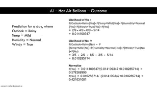 AI – Hot Air Balloon – Outcome
Prediction for a day, where
Outlook = Rainy
Temp = Mild
Humidity = Normal
Windy = True
Likelihood of Yes =
P(Outlook=Rainy|Yes)*P(Temp=Mild|Yes)*P(Humidity=Normal
|Yes)*P(Windy=True|Yes)*P(Yes)
= 2/9 * 4/9 * 6/9 * 9/14
= 0.014109347
Likelihood of No =
P(Outlook=Rainy|No) * P
(Temp=Mild|No)*P(Humidity=Normal|No)*P(Windy=True|No
)*P(No)
= 3/5 * 2/5 * 1/5 * 3/5 * 5/14
= 0.010285714
Normalize
P(Yes) = 0.014109347/(0.014109347+0.010285714) =
0.578368999
P(No) = 0.010285714/ (0.014109347+0.010285714) =
0.421631001
connect: sridhar@seshadri.vc
 
