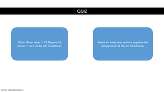 When (Room temp = 25 Degree C),
Action = turn on the Air Conditioner
Based on body heat pattern regulate the
temperature of the Air Conditioner
QUIZ
connect: sridhar@seshadri.vc
 