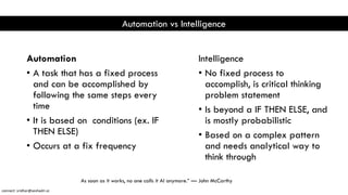 Automation
• A task that has a fixed process
and can be accomplished by
following the same steps every
time
• It is based on conditions (ex. IF
THEN ELSE)
• Occurs at a fix frequency
Intelligence
• No fixed process to
accomplish, is critical thinking
problem statement
• Is beyond a IF THEN ELSE, and
is mostly probabilistic
• Based on a complex pattern
and needs analytical way to
think through
Automation vs Intelligence
As soon as it works, no one calls it AI anymore.” — John McCarthy
connect: sridhar@seshadri.vc
 