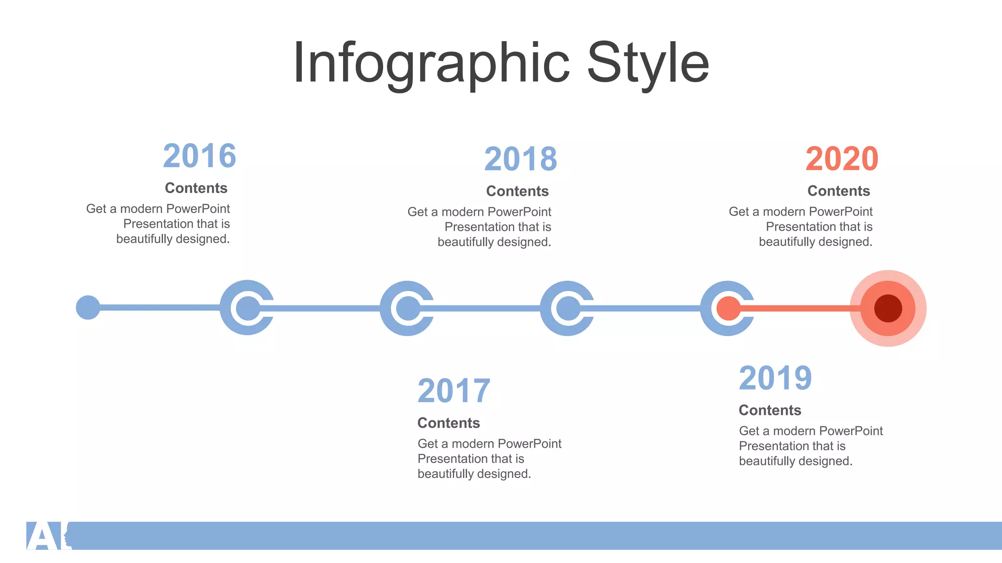 Infographic Style
Get a modern PowerPoint
Presentation that is
beautifully designed.
Contents
2016
Get a modern PowerPoint
Presentation that is
beautifully designed.
Contents
2018
Get a modern PowerPoint
Presentation that is
beautifully designed.
Contents
2019
Get a modern PowerPoint
Presentation that is
beautifully designed.
Contents
2020
Get a modern PowerPoint
Presentation that is
beautifully designed.
Contents
2017
 