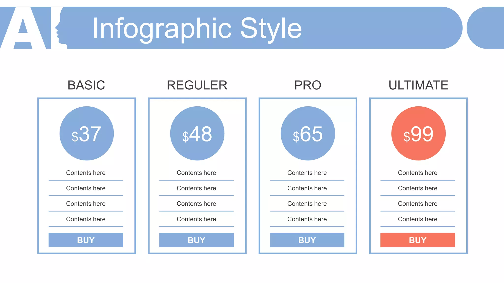 Infographic Style
BASIC REGULER PRO ULTIMATE
Contents here
Contents here
Contents here
Contents here
BUY
$37
Contents here
Contents here
Contents here
Contents here
BUY
$48
Contents here
Contents here
Contents here
Contents here
BUY
$65
Contents here
Contents here
Contents here
Contents here
BUY
$99
 