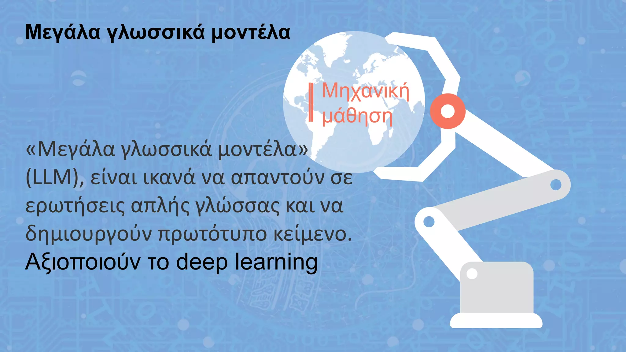 Μεγάλα γλωσσικά μοντέλα
Μηχανική
μάθηση
«Μεγάλα γλωσσικά μοντέλα»
(LLM), είναι ικανά να απαντούν σε
ερωτήσεις απλής γλώσσας και να
δημιουργούν πρωτότυπο κείμενο.
Αξιοποιούν το deep learning
 