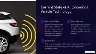 Current State of Autonomous
Vehicle Technology
Industry Leaders
Major automakers like Tesla,
Ford, Toyota, and Indian
companies such as Tata and
Mahindra are advancing AV
technology with real-world
testing and deployments.
Key Milestones
From 1990s sensor advances to
Google's Waymo and Tesla's
Autopilot, AVs have improved
safety, accessibility, and traffic
efficiency.
Case Studies
Tesla leads with Autopilot and Full Self-Driving features, while Mahindra
and Tata focus on electric vehicles with emerging autonomous
capabilities in India.
 