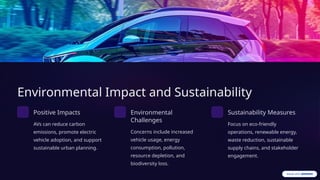Environmental Impact and Sustainability
Positive Impacts
AVs can reduce carbon
emissions, promote electric
vehicle adoption, and support
sustainable urban planning.
Environmental
Challenges
Concerns include increased
vehicle usage, energy
consumption, pollution,
resource depletion, and
biodiversity loss.
Sustainability Measures
Focus on eco-friendly
operations, renewable energy,
waste reduction, sustainable
supply chains, and stakeholder
engagement.
 