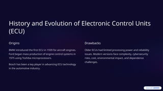 History and Evolution of Electronic Control Units
(ECU)
Origins
BMW introduced the first ECU in 1939 for aircraft engines.
Ford began mass production of engine control systems in
1975 using Toshiba microprocessors.
Bosch has been a key player in advancing ECU technology
in the automotive industry.
Drawbacks
Older ECUs had limited processing power and reliability
issues. Modern versions face complexity, cybersecurity
risks, cost, environmental impact, and dependence
challenges.
 