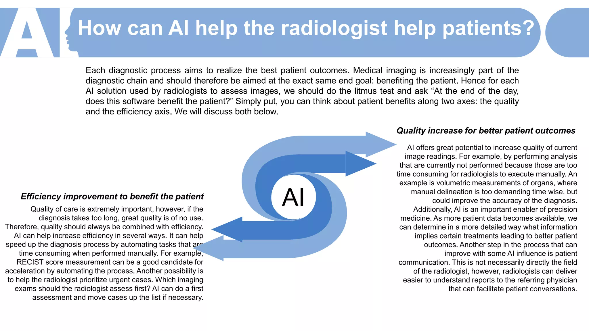 How can AI help the radiologist help patients?
Each diagnostic process aims to realize the best patient outcomes. Medical imaging is increasingly part of the
diagnostic chain and should therefore be aimed at the exact same end goal: benefiting the patient. Hence for each
AI solution used by radiologists to assess images, we should do the litmus test and ask “At the end of the day,
does this software benefit the patient?” Simply put, you can think about patient benefits along two axes: the quality
and the efficiency axis. We will discuss both below.
Quality increase for better patient outcomes
AI offers great potential to increase quality of current
image readings. For example, by performing analysis
that are currently not performed because those are too
time consuming for radiologists to execute manually. An
example is volumetric measurements of organs, where
manual delineation is too demanding time wise, but
could improve the accuracy of the diagnosis.
Additionally, AI is an important enabler of precision
medicine. As more patient data becomes available, we
can determine in a more detailed way what information
implies certain treatments leading to better patient
outcomes. Another step in the process that can
improve with some AI influence is patient
communication. This is not necessarily directly the field
of the radiologist, however, radiologists can deliver
easier to understand reports to the referring physician
that can facilitate patient conversations.
Efficiency improvement to benefit the patient
Quality of care is extremely important, however, if the
diagnosis takes too long, great quality is of no use.
Therefore, quality should always be combined with efficiency.
AI can help increase efficiency in several ways. It can help
speed up the diagnosis process by automating tasks that are
time consuming when performed manually. For example,
RECIST score measurement can be a good candidate for
acceleration by automating the process. Another possibility is
to help the radiologist prioritize urgent cases. Which imaging
exams should the radiologist assess first? AI can do a first
assessment and move cases up the list if necessary.
02
AI
 