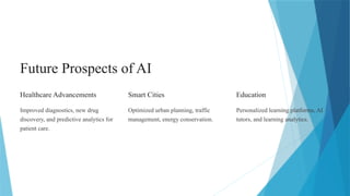 Future Prospects of AI
Healthcare Advancements
Improved diagnostics, new drug
discovery, and predictive analytics for
patient care.
Smart Cities
Optimized urban planning, traffic
management, energy conservation.
Education
Personalized learning platforms, AI
tutors, and learning analytics.
 