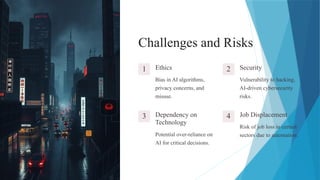 Challenges and Risks
1 Ethics
Bias in AI algorithms,
privacy concerns, and
misuse.
2 Security
Vulnerability to hacking,
AI-driven cybersecurity
risks.
3 Dependency on
Technology
Potential over-reliance on
AI for critical decisions.
4 Job Displacement
Risk of job loss in certain
sectors due to automation.
 