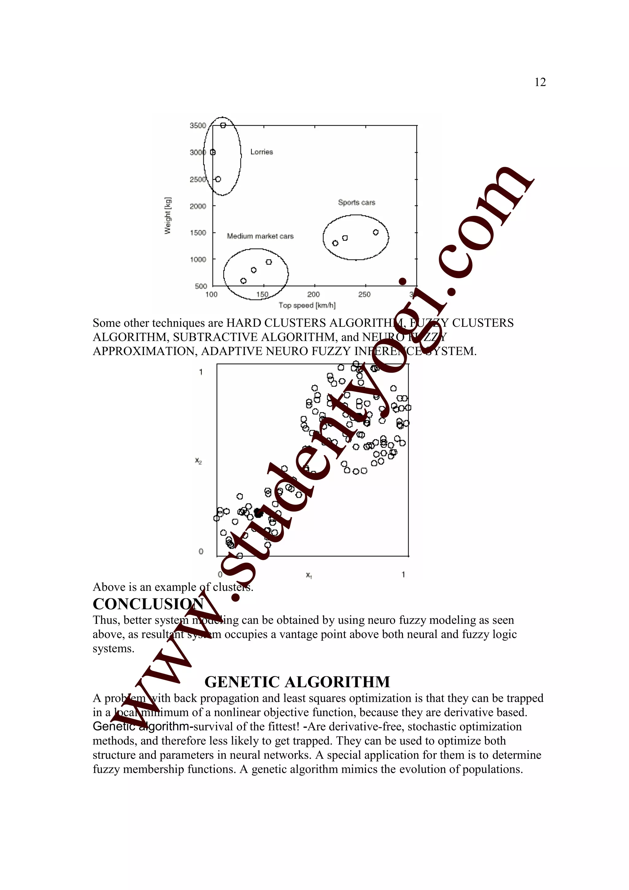 12




                                                                 m
                                                               co
                                                      gi.
Some other techniques are HARD CLUSTERS ALGORITHM, FUZZY CLUSTERS
ALGORITHM, SUBTRACTIVE ALGORITHM, and NEURO FUZZY
APPROXIMATION, ADAPTIVE NEURO FUZZY INFERENCE SYSTEM.
                                          tyo
                       d           en
                   stu



Above is an example of clusters.
           w.




CONCLUSION
Thus, better system modeling can be obtained by using neuro fuzzy modeling as seen
above, as resultant system occupies a vantage point above both neural and fuzzy logic
systems.
ww




                      GENETIC ALGORITHM
A problem with back propagation and least squares optimization is that they can be trapped
in a local minimum of a nonlinear objective function, because they are derivative based.
Genetic algorithm-survival of the fittest! -Are derivative-free, stochastic optimization
methods, and therefore less likely to get trapped. They can be used to optimize both
structure and parameters in neural networks. A special application for them is to determine
fuzzy membership functions. A genetic algorithm mimics the evolution of populations.
 