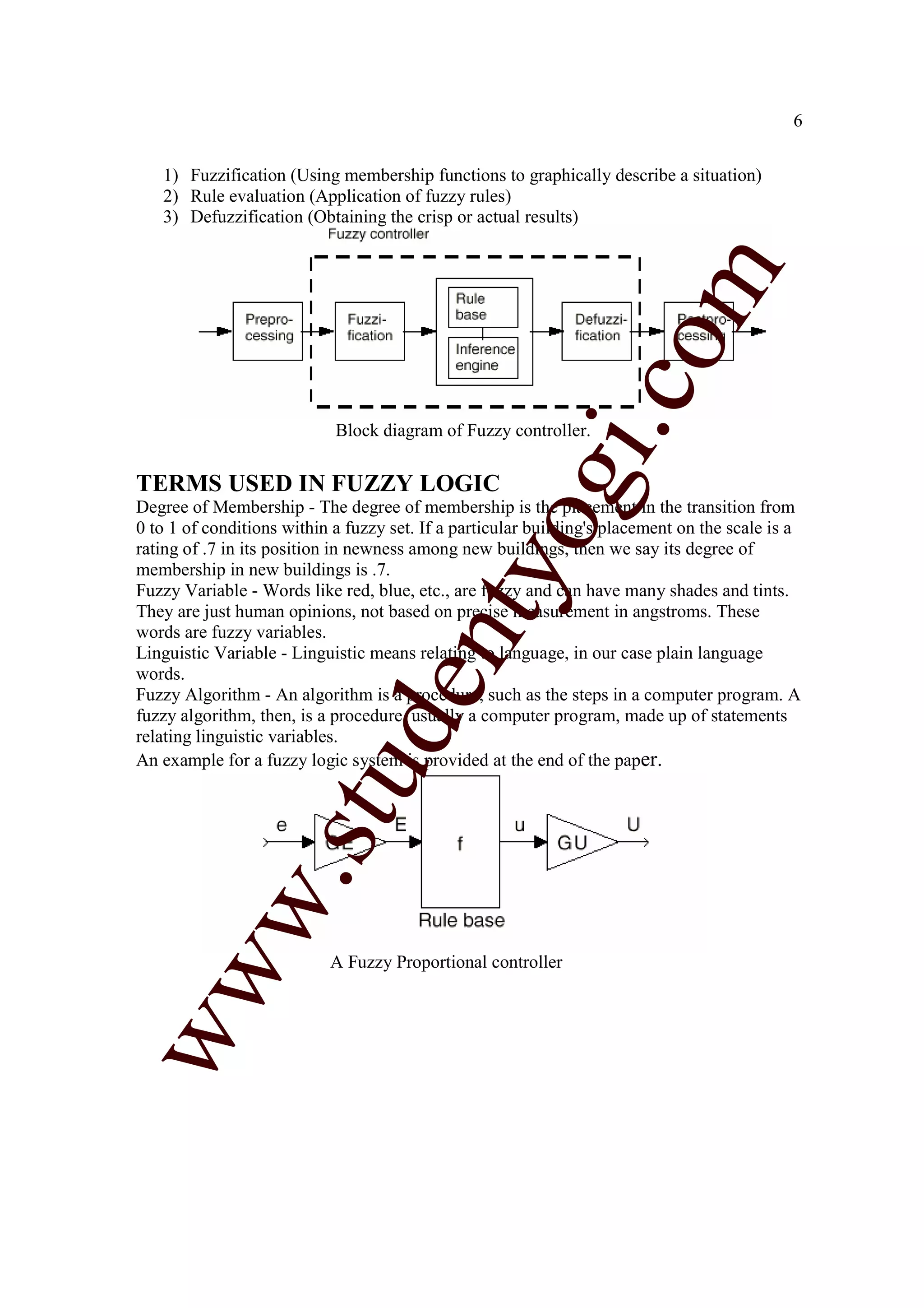 6


   1) Fuzzification (Using membership functions to graphically describe a situation)
   2) Rule evaluation (Application of fuzzy rules)
   3) Defuzzification (Obtaining the crisp or actual results)




                                                                   m
                                                                 co
                                                        gi.
                            Block diagram of Fuzzy controller.


TERMS USED IN FUZZY LOGIC
Degree of Membership - The degree of membership is the placement in the transition from
                                            tyo
0 to 1 of conditions within a fuzzy set. If a particular building's placement on the scale is a
rating of .7 in its position in newness among new buildings, then we say its degree of
membership in new buildings is .7.
Fuzzy Variable - Words like red, blue, etc., are fuzzy and can have many shades and tints.
They are just human opinions, not based on precise measurement in angstroms. These
words are fuzzy variables.
                                   en
Linguistic Variable - Linguistic means relating to language, in our case plain language
words.
Fuzzy Algorithm - An algorithm is a procedure, such as the steps in a computer program. A
fuzzy algorithm, then, is a procedure, usually a computer program, made up of statements
                        d

relating linguistic variables.
An example for a fuzzy logic system is provided at the end of the paper.
                    stu
           w.




                           A Fuzzy Proportional controller
ww
 