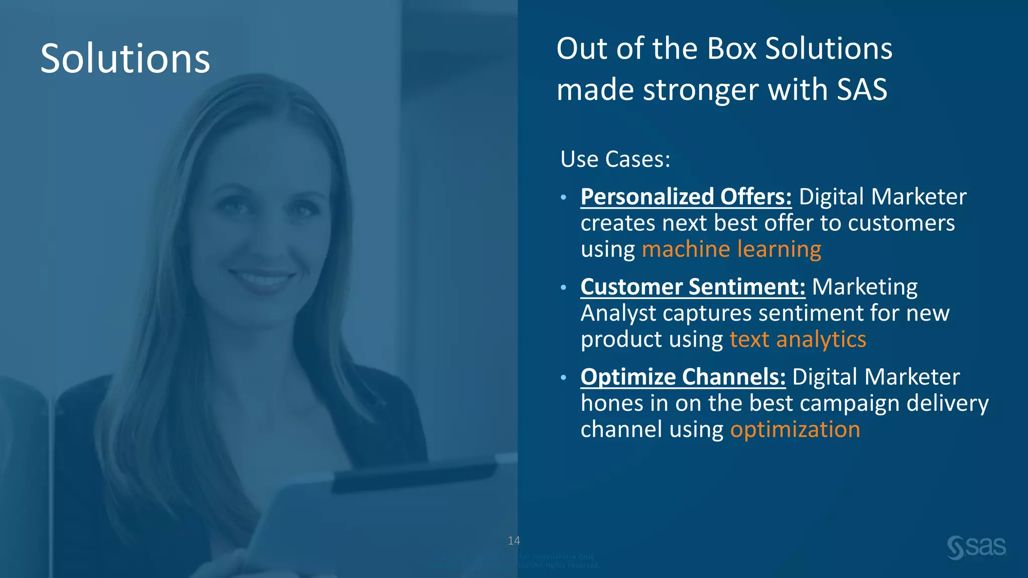 Company Confidential – For Internal Use Only
Copyright © SAS Institute Inc. All rights reserved.
Use Cases:
• Personalized Offers: Digital Marketer
creates next best offer to customers
using machine learning
• Customer Sentiment: Marketing
Analyst captures sentiment for new
product using text analytics
• Optimize Channels: Digital Marketer
hones in on the best campaign delivery
channel using optimization
Out of the Box Solutions
made stronger with SAS
Solutions
14
Company Confidential – For Internal Use Only
Copyright © SAS Institute Inc. All rights reserved.
 