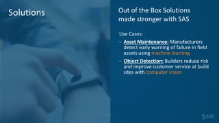 Company Confidential – For Internal Use Only
Copyright © SAS Institute Inc. All rights reserved.
Use Cases:
• Asset Maintenance: Manufacturers
detect early warning of failure in field
assets using machine learning
• Object Detection: Builders reduce risk
and improve customer service at build
sites with computer vision
Out of the Box Solutions
made stronger with SAS
Solutions
15
Company Confidential – For Internal Use Only
Copyright © SAS Institute Inc. All rights reserved.
 