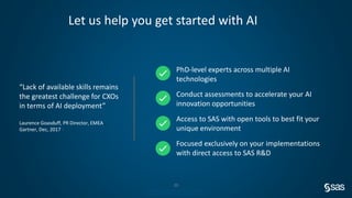 Company Confidential – For Internal Use Only
Copyright © SAS Institute Inc. All rights reserved.
20
Let us help you get started with AI
“Lack of available skills remains
the greatest challenge for CXOs
in terms of AI deployment”
Laurence Goasduff, PR Director, EMEA ,
Gartner, Dec, 2017 1
PhD-level experts across multiple AI
technologies
Conduct assessments to accelerate your AI
innovation opportunities
Access to SAS with open tools to best fit your
unique environment
Focused exclusively on your implementations
with direct access to SAS R&D
 