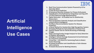 Artificial
Intelligence
Use Cases
1. Real-Time Communication System Powered by AI for
Specially Abled
2. Crude Oil Price Prediction
3. AI-powered Nutrition Analyzer for Fitness Enthusiasts
4. Classiﬁcation of Arrhythmia by Using Deep Learning with
2-D ECG Spectral Image Representation
5. Digital Naturalist - AI Enabled tool for Biodiversity
Researchers
6. Natural Disasters Intensity Analysis and Classiﬁcation
using Artiﬁcial Intelligence
7. Fertilizers Recommendation System For Disease
Prediction
8. A Novel Method for Handwritten Digit Recognition System
9. Emerging Methods for Early Detection of Forest Fires
10. Gesture-based Tool for Sterile Browsing of Radiology
Images
11. Deep Learning Fundus Image Analysis for Early Detection
of Diabetic Retinopathy
12. Intelligent Vehicle Damage Assessment & Cost Estimator
for Insurance Companies
13. Virtual Eye - Life Guard for Swimming Pools to Detect
Active Drowning
14. AI-based localization and classiﬁcation of skin disease
with erythema
15. AI based discourse for Banking Industry
 