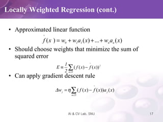 Approximated linear function Should choose weights that minimize the sum of squared error Can apply gradient descent rule Locally Weighted Regression (cont.) 