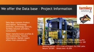 We offer the Data base – Project Information
Data Base contains Product
description, Technology
involved, technology sources,
Turnkey solution providers,
Consultants
Major manufacturers profiles &
the Investments, Patents
information, Market report
offers from consultants Plant capacity: PU Leather Cloth:25000 Mtrs/Day,PVC
Leather Cloth: 20000 Mtrs/Day Plant & machinery: INR
1500 Lakhs
Working capital: -T.C.I: Cost of Project: Rs 2780 Lakhs
Return: 20.00% Break even: 45.00%
 