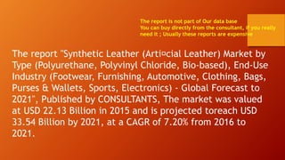 The report "Synthetic Leather (Arti􀁾cial Leather) Market by
Type (Polyurethane, Polyvinyl Chloride, Bio-based), End-Use
Industry (Footwear, Furnishing, Automotive, Clothing, Bags,
Purses & Wallets, Sports, Electronics) - Global Forecast to
2021", Published by CONSULTANTS, The market was valued
at USD 22.13 Billion in 2015 and is projected toreach USD
33.54 Billion by 2021, at a CAGR of 7.20% from 2016 to
2021.
The report is not part of Our data base
You can buy directly from the consultant, if you really
need it ; Usually these reports are expensive
 
