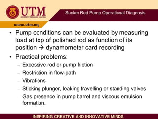 Sucker Rod Pump Operational Diagnosis
• Pump conditions can be evaluated by measuring
load at top of polished rod as function of its
position  dynamometer card recording
• Practical problems:
– Excessive rod or pump friction
– Restriction in flow-path
– Vibrations
– Sticking plunger, leaking travelling or standing valves
– Gas presence in pump barrel and viscous emulsion
formation.
 
