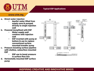 Typical ESP Applications
a. Direct water injection
• Aquifer water lifted from
supply zone & pumped
directly to single injection
well
b. Powered dumpflood with ESP
• Water supply well
combine with injection
well
• ESP inverted with pump at
bottom & use to replace
conventional surface
mounted transfer pump
c. Pressure boosting surface pipeline
with shallow, subsurface mounted
ESP
• ESP use to boost pressure
in surface flow line
d. Horizontally mounted ESP surface
pump
 