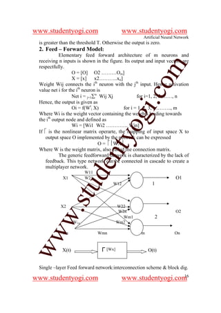 www.studentyogi.com                       www.studentyogi.com
                                                     Artificial Neural Network
 is greater than the threshold T. Otherwise the output is zero.
 2. Feed – Forward Model:
            Elementary feed forward architecture of m neurons and
 receiving n inputs is shown in the figure. Its output and input vectors are




                                                    om
 respectfully.
                   O = [O] O2 ………Om]
                   X = [x] x2………..xn]
 Weight Wij connects the ith neuron with the jth input. Hence activation
 value net i for the ith neuron is




                                                 i.c
                   Net i = j=1∑n Wij Xj            for i=1, 2, 3,……, n
 Hence, the output is given as
                   Oi = f(Wti X)            for i = 1, 2, 3, ……….., m
 Where Wi is the weight vector containing the weights leading towards



                                  og
 the ith output node and defined as
                   Wi = [Wi1 Wi2 …………. Win]
 If  is the nonlinear matrix operarte, the mapping of input space X to
                               nty
     output space O implemented by the network can be expressed
                                 O = WX
 Where W is the weight matrix, also called the connection matrix.
            The generic feedforward network is characterized by the lack of
     feedback. This type network can be connected in cascade to create a
                         de

     multiplayer network.
                         W11
            X1           W21                                          O1
                                      W12                1
                stu



           X2                           W22
       w.




                                         W2n                          O2
                                           Wm1               2
                   W1n                  Wm2
ww




            Xn                 Wmn                  m                 On


            X(t)               ┌ [Wx]                   O(t)


 Single –layer Feed forward network:interconnection scheme & block dig.
                                                             16
www.studentyogi.com                       www.studentyogi.com
 