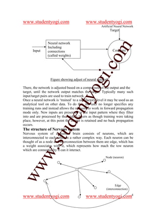 www.studentyogi.com                         www.studentyogi.com
                                                        Artificial Neural Network
                                                              Target


                   Neural networksddss
                 Neural network




                                                      om
                 Including
       Input     connections                                    Compare
                 (called weights)




                                                   i.c
                   Figure showing adjust of neural network



                                    og
There, the network is adjusted based on a comparison of the output and the
target, until the network output matches the target. Typically many such
input/target pairs are used to train network.
                                 nty
Once a neural network is ‘trained’ to a satisfactory level it may be used as an
analytical tool on other data. To do this, the user no longer specifies any
training runs and instead allows the network to work in forward propagation
mode only. New inputs are presented to the input pattern where they filter
                          de

into and are processed by the middle layers as though training were taking
place, however, at this point the output is retained and no back propagation
occurs.
The structure of Nervous system
                 stu


Nervous system of a human brain consists of neurons, which are
interconnected to each other in a rather complex way. Each neuron can be
thought of as a node and interconnection between them are edge, which has
a weight associates with it, which represents how mach the tow neuron
         w.




which are connected by it can it interact.

                                                           Node (neuron)
ww




                                                                  Edge
                                                           (interconnection)

www.studentyogi.com                         www.studentyogi.com4
 