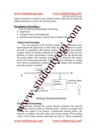 www.studentyogi.com                        www.studentyogi.com
                                                        Artificial Neural Network
inputs connections to achieve some desired results could also be called the
adaption function, as well as the learning mode.

Paradigms of learning—




                                                     om
    There are three broad paradigms of learning:
   • Supervised
   • Unsupervised (or self-organised)
   • Reinforcement learning ( a special case of supervised learning ).




                                                  i.c
   Supervised learning:
          The vast majority of the artificial neural network solutions have
   been trained with supervision. In this mode, the actual output of a neural




                                   og
   network is compared to the desired output. The network then adjusts
   weights, which are usually randomly set to begin with, so that the next
   iteration, or cycle, will produce a closer match between the desired and
   the actual output. This learning method tries to minimize the current
                                nty
   errors of all processing elements. This global error reduction is created
   over time by continuously modifying the input weights until acceptable
   network accuracy is reached.

                         Adaptive
                         de

                         network                                  O
       X                   W
                stu


                                            Distant           Learning signal
                                            generater                D

                         Ρ [d, 0]
                    Distance measure
           w.




                        Block dig. Of supervised learning
ww




   Unsupervised learning:
      In supervised learning the system directly compares the network
   output with a known correct or desired answer, whereas in unsupervised
   learning the output is not known. Unsupervised training allows the
   neurons to compete with each other until winner emerge. The resulting
   values of the winner neurons determine the class to which a particular

www.studentyogi.com                        www.studentyogi.com9
 