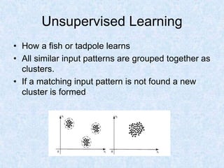 Unsupervised Learning
• How a fish or tadpole learns
• All similar input patterns are grouped together as
clusters.
• If a matching input pattern is not found a new
cluster is formed
 