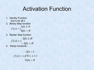 1. Identity Function
f(x)=x for all x
2. Binary Step function
3. Bipolar Step function
4. Ramp functions:-
Activation Function





ifx
ifx
x
f
0
1
{
)
(






ifx
ifx
x
f
1
1
{
)
(
0
0
1
0
1
1
)
(





ifx
x
if
x
ifx
x
f
 