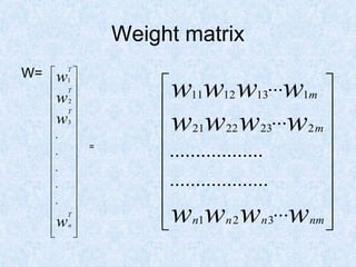 Weight matrix
W= 1
2
3
.
.
.
.
.
T
T
T
T
n
w
w
w
w
 
 
 
 
 
 
 
 
 
 
 
 
 
 
 
 
 
=
11 12 13 1
21 22 23 2
1 2 3
...
...
..................
...................
...
m
m
n n n nm
w w w w
w w w w
w w w w
 
 
 
 
 
 
 
 
 
 