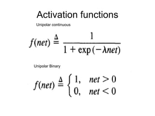 Activation functions
Unipolar continuous
Unipolar Binary
 