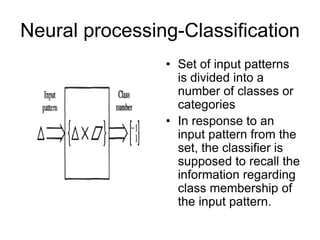 Neural processing-Classification
• Set of input patterns
is divided into a
number of classes or
categories
• In response to an
input pattern from the
set, the classifier is
supposed to recall the
information regarding
class membership of
the input pattern.
 