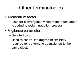Other terminologies
• Momentum factor:
– used for convergence when momentum factor
is added to weight updation process.
• Vigilance parameter:
– Denoted by ρ
– Used to control the degree of similarity
required for patterns to be assigned to the
same cluster
 