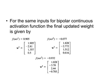 • For the same inputs for bipolar continuous
activation function the final updated weight
is given by
 