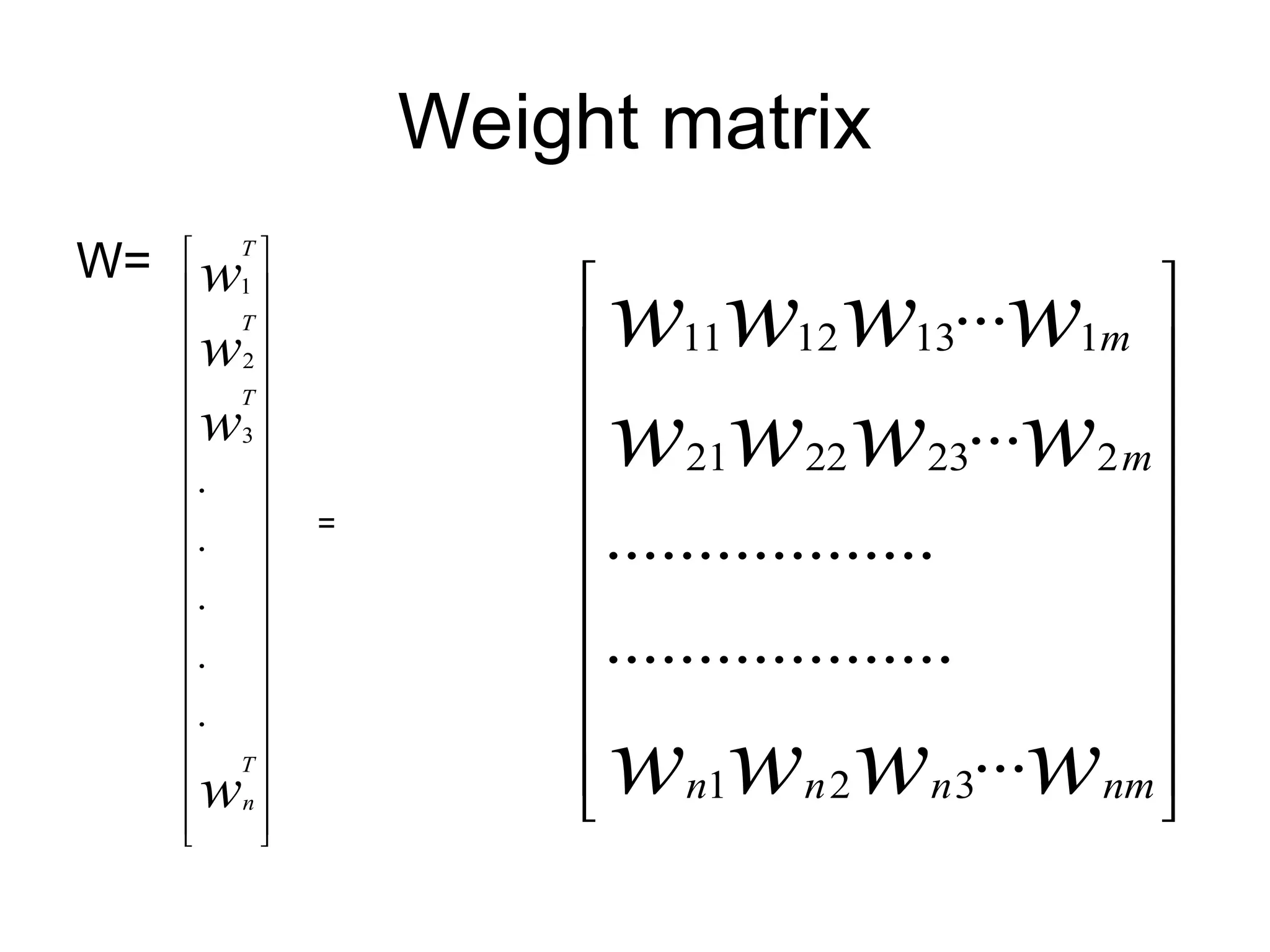 Weight matrix W= 1 2 3 . . . . . T T T T n w w w w                                   = 11 12 13 1 21 22 23 2 1 2 3 ... ... .................. ................... ... m m n n n nm w w w w w w w w w w w w                   