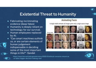 Existential Threat to Humanity
● Fabricatin incriminatin
evidence (deep akes)
● Humanity is deeply reliant on
technolo y or our survival.
● Human employees replaced
by AI.
● “Can smart machines outhink
us, or are certain elements o
human jud ement
indispensable in decidin
some o the most important
thin s in li e?”-Sandel
https://news.harvard.edu/ azette/story/2020/10/ethical-concerns-mount-as
-ai-takes-bi er-decision-makin -role/
 