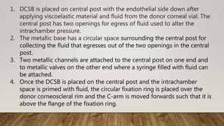 1. DCSB is placed on central post with the endothelial side down after
applying viscoelastic material and fluid from the donor corneal vial. The
central post has two openings for egress of fluid used to alter the
intrachamber pressure.
2. The metallic base has a circular space surrounding the central post for
collecting the fluid that egresses out of the two openings in the central
post.
3. Two metallic channels are attached to the central post on one end and
to metallic valves on the other end where a syringe filled with fluid can
be attached.
4. Once the DCSB is placed on the central post and the intrachamber
space is primed with fluid, the circular fixation ring is placed over the
donor corneoscleral rim and the C-arm is moved forwards such that it is
above the flange of the fixation ring.
 