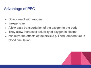 Advantage of PFC
● Do not react with oxygen
● Inexpensive
● Allow easy transportation of the oxygen to the body
● They allow increased solubility of oxygen in plasma
● minimize the effects of factors like pH and temperature in
blood circulation.
 