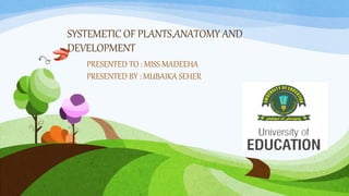 SYSTEMETIC OF PLANTS,ANATOMY AND
DEVELOPMENT
PRESENTED TO : MISS MADEEHA
PRESENTED BY : MUBAIKA SEHER
 