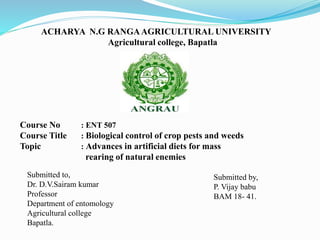 ACHARYA N.G RANGAAGRICULTURAL UNIVERSITY
Agricultural college, Bapatla
Course No : ENT 507
Course Title : Biological control of crop pests and weeds
Topic : Advances in artificial diets for mass
rearing of natural enemies
Submitted to,
Dr. D.V.Sairam kumar
Professor
Department of entomology
Agricultural college
Bapatla.
Submitted by,
P. Vijay babu
BAM 18- 41.
 
