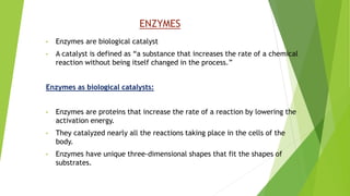 ENZYMES
• Enzymes are biological catalyst
• A catalyst is defined as “a substance that increases the rate of a chemical
reaction without being itself changed in the process.”
Enzymes as biological catalysts:
• Enzymes are proteins that increase the rate of a reaction by lowering the
activation energy.
• They catalyzed nearly all the reactions taking place in the cells of the
body.
• Enzymes have unique three-dimensional shapes that fit the shapes of
substrates.
 