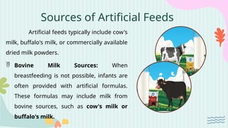 Sources of Artificial Feeds
Artificial feeds typically include cow's
milk, buffalo's milk, or commercially available
dried milk powders.
 Bovine Milk Sources: When
breastfeeding is not possible, infants are
often provided with artificial formulas.
These formulas may include milk from
bovine sources, such as cow's milk or
buffalo's milk.
 
