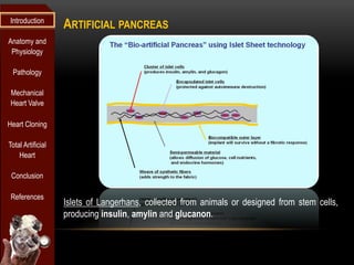 Introduction
                   ARTIFICIAL PANCREAS
Anatomy and
 Physiology

 Pathology

 Mechanical
 Heart Valve

Heart Cloning

Total Artificial
    Heart

 Conclusion

 References
                   Islets of Langerhans, collected from animals or designed from stem cells,
                   producing insulin, amylin and glucanon.
 