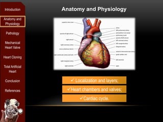 Introduction       Anatomy and Physiology
Anatomy and
 Physiology

 Pathology

 Mechanical
 Heart Valve

Heart Cloning

Total Artificial
    Heart

 Conclusion           ü  Localization and layers;
 References         ü Heart chambers and valves;
                           ü Cardiac cycle.
 